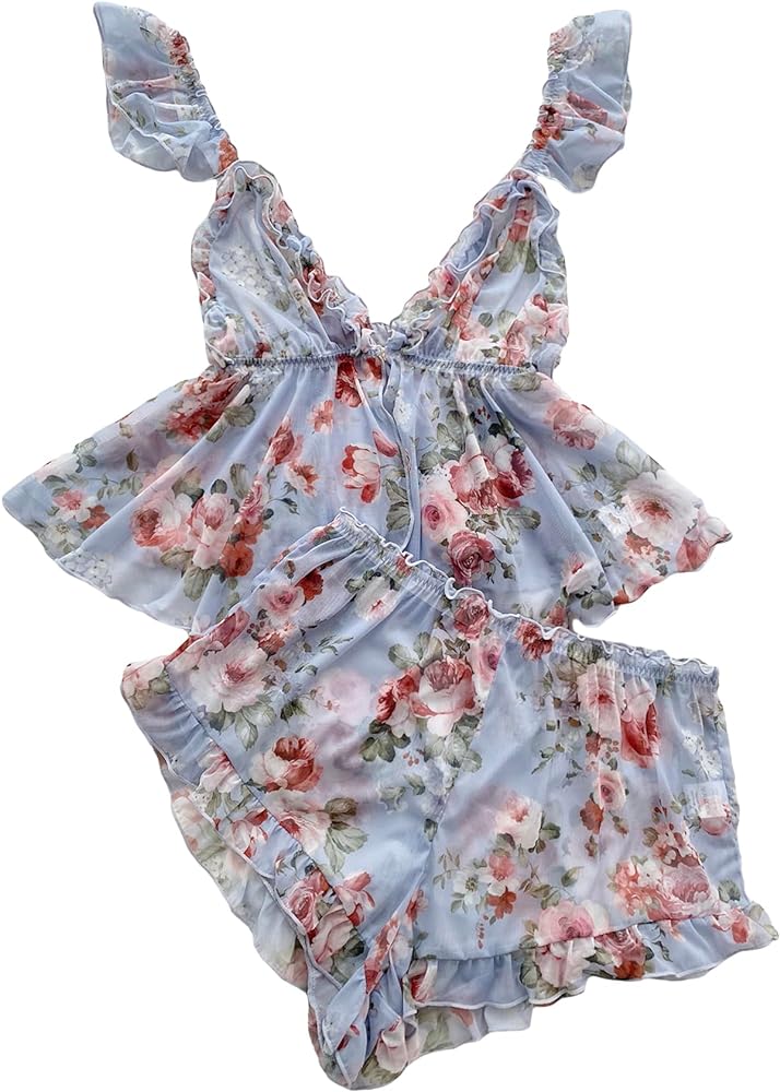 Verdusa Women's 2 Piece Floral Print Mesh Ruffled Peplum Cami Top and Shorts Pajama Sets