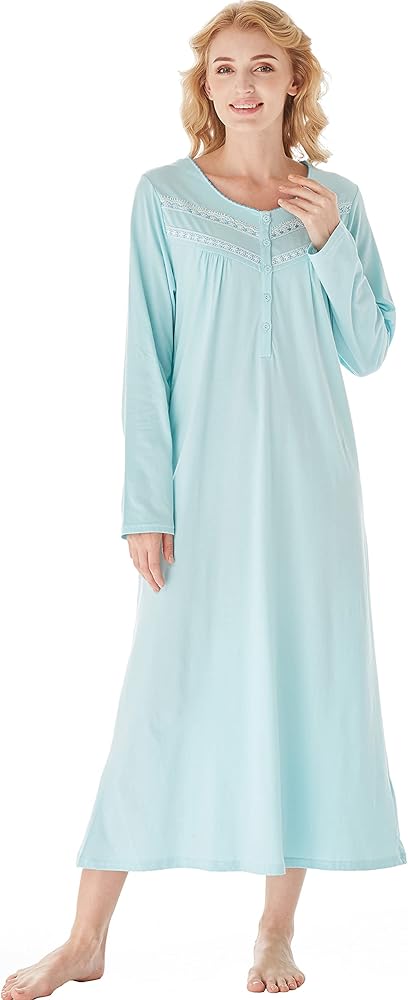 Keyocean Nightgowns for Women, Soft 100% Cotton Comfortable Lightweight Long-sleeve Ladies Night Dresses