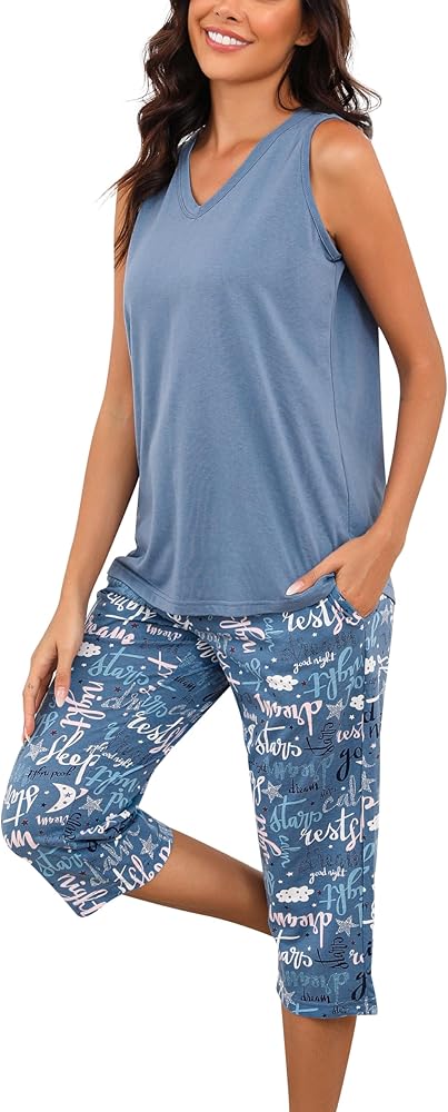 PNAEONG Women's Pajamas Set, Cotton Sleeveless Sleepwear V Neck Top Capri Pants with Pockets Soft Loungewear S-XXL