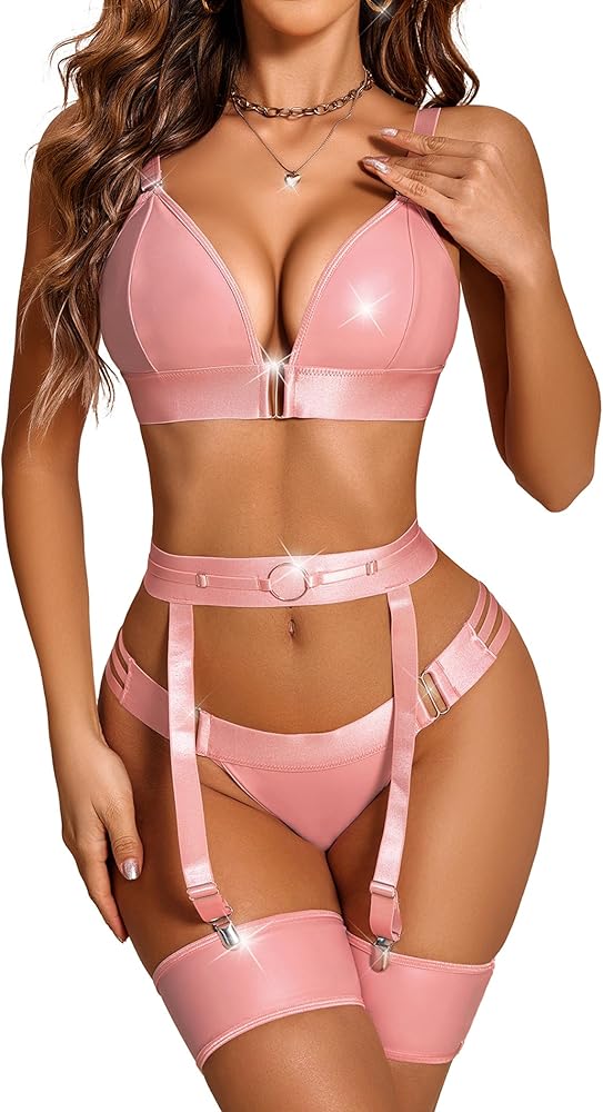 Avidlove Women Lingerie Set Leather Garter 5 Piece Bra and Panty Set Babydoll