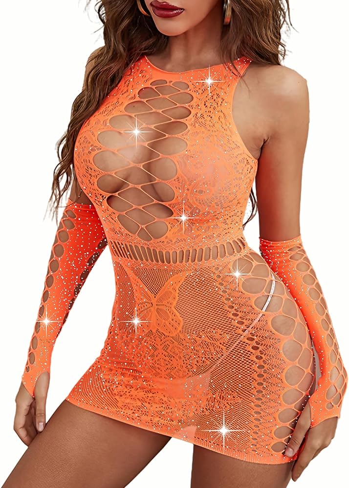 Fishnet Lingeries Womens Mesh Outfit One Piece Babydoll Mini Dress Sparkle Rhinestone Lingerie One Size