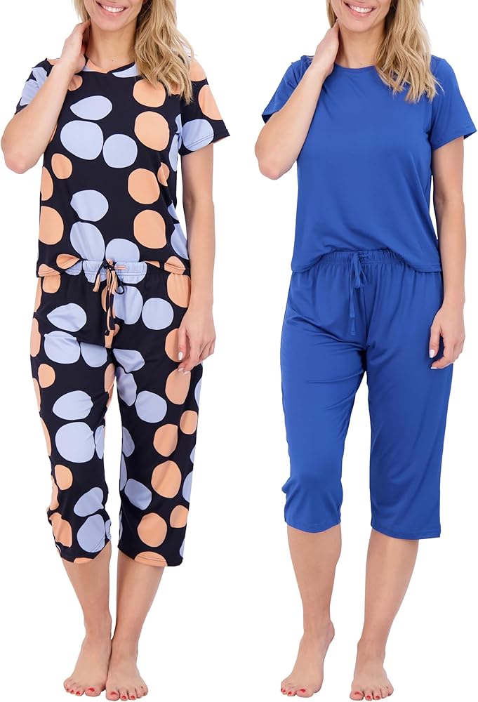 Real Essentials 2 Pack: Womens Short-Sleeve PJ Top with Capri Pants - Pajama Lounge & Sleepwear Set (Available In Plus)