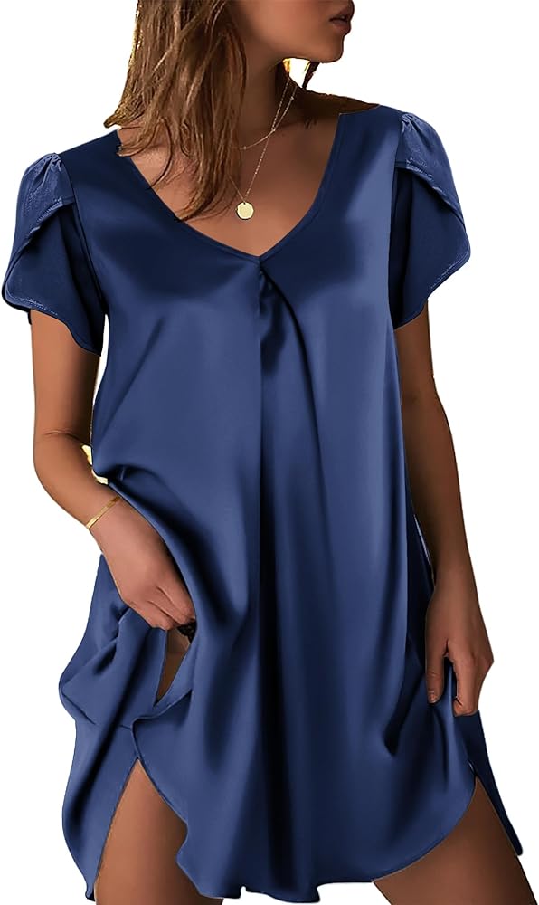 Ekouaer Women's Satin Nightgown Short Sleeve Sleepdress V-Neck Sleepwear Loose Silk Sleepshirt