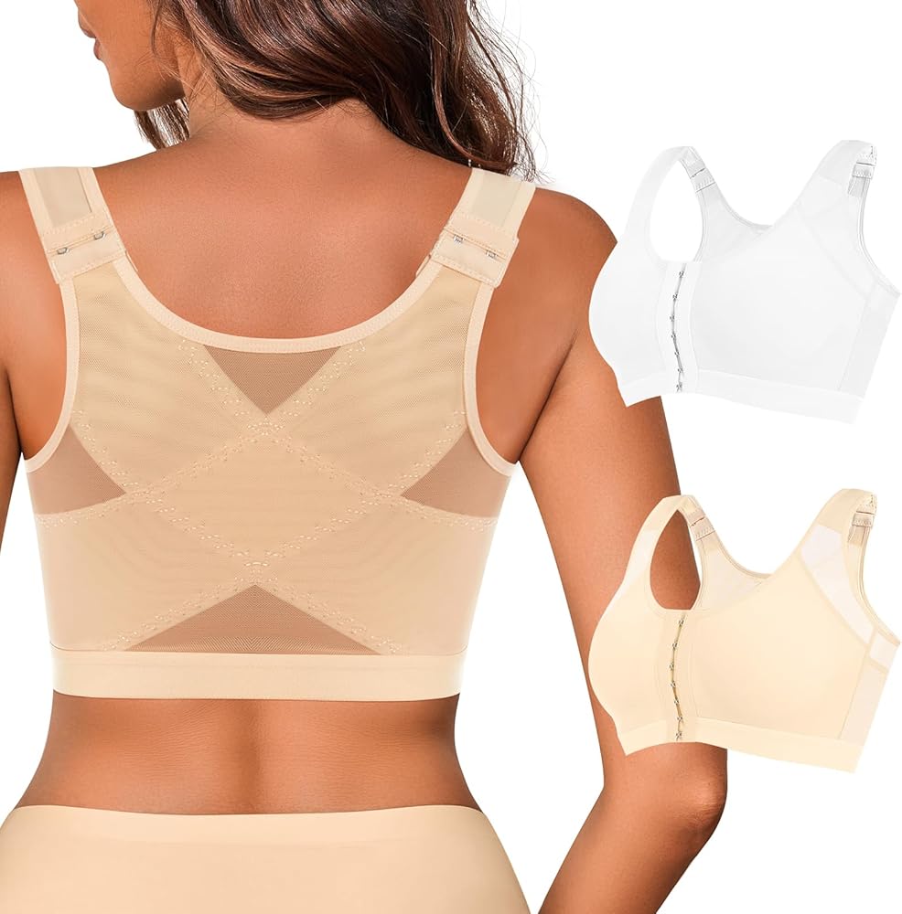 Women's Front Closure Posture Correcting Bra 2 Piece Wireless Back Support Full Coverage Bra Comfy Unpadded