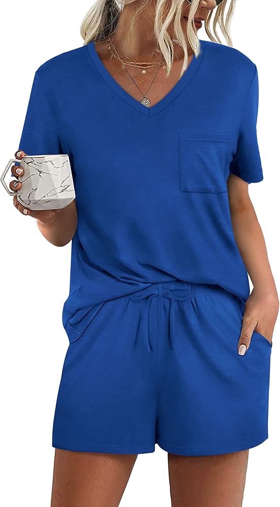 RUBZOOF Women's Short Sleeve Pajama Sets with Pockets Casual V Neck 2 Piece Lounge Sets S-3XL