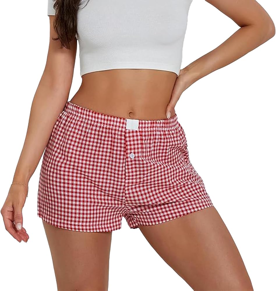 Allmloers Women Y2k Pajamas Shorts Elastic Low Waist Checkered Boxers Shorts Summer Plaid Sleeping Shorts Lounge