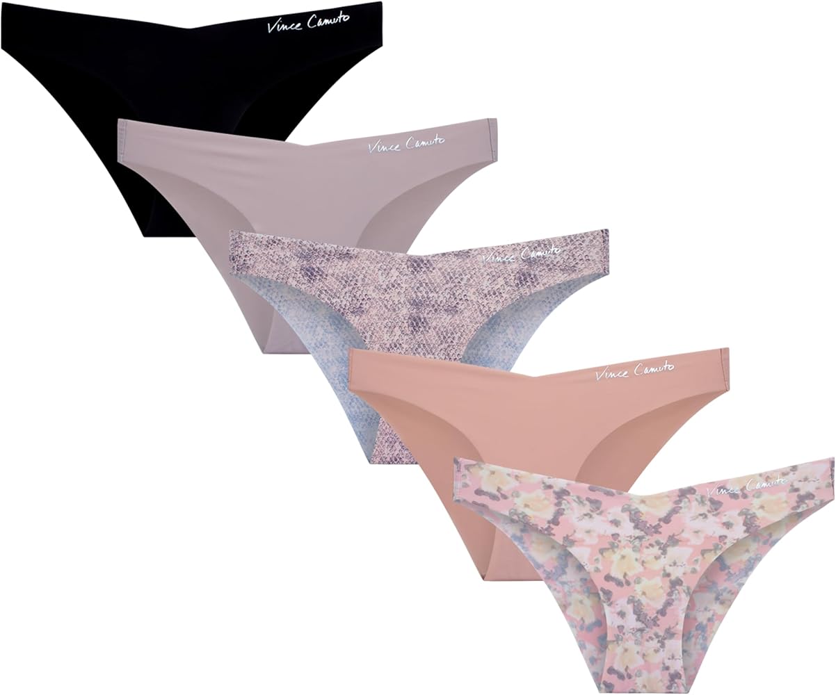 Vince Camuto Women's Bikini Underwear - 5 Pack Ultra Soft Seamless Sexy Lingerie Panties - Breathable Underwear for Women