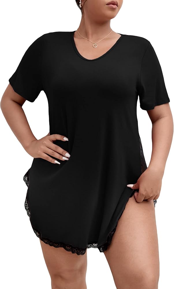 SOLY HUX Women's Plus Size Sheer Mesh Lace Trim V Neck Short Sleeve Sleep Shirt Nightgown Sleepwear