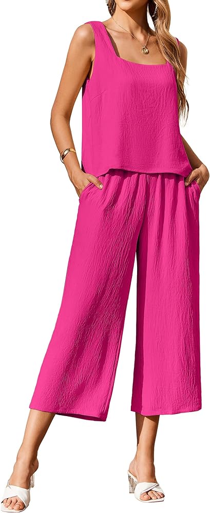 Ekouaer Women's Pajamas Set Sleeveless Lounge Sets Square Neck Tank Top Wide Leg Pants Matching Sets