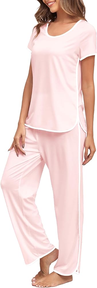 Stripe Pajamas Set Women Two-Piece Nightwear Short Sleeve Sleepwear Soft Side Split Loungewear Pjs Sets