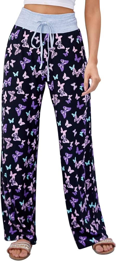 X-Image Women's Comfy Pajamas Drawstring Stretch Floral Print Long Wide Leg Lounge Pants