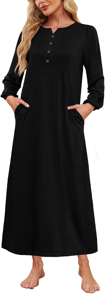 Womens Cotton Long Sleeve Nightgowns Soft Ladies Sleep Shirts Button V Neck Full Length Night Shirts Sleepwear with Pockets