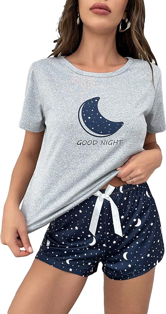 SOLY HUX Women's Short Sleeve Tee Top and Plaid Shorts Lounge Pajama Set Sleepwear Blue Grey Multi M