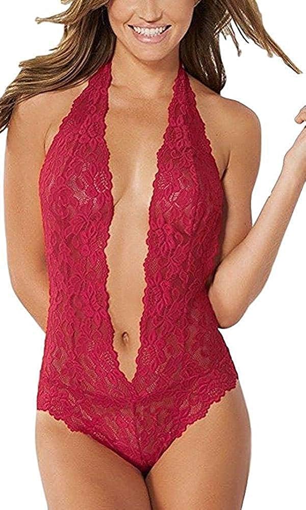 EVELUST Womens Open Back Halter Plunging Teddy,Comfortable Scalloped Trim Lace Lingerie