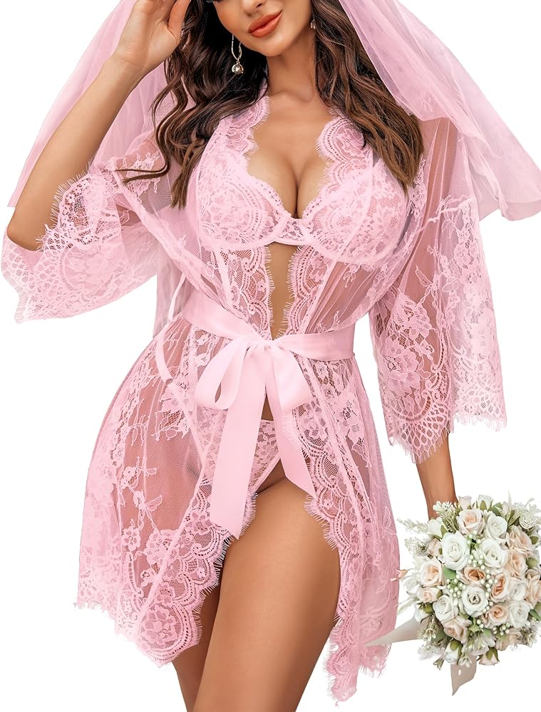 Avidlove Women's Lace Kimono Robe Babydoll Lingerie Mesh Nightgown S-5XL