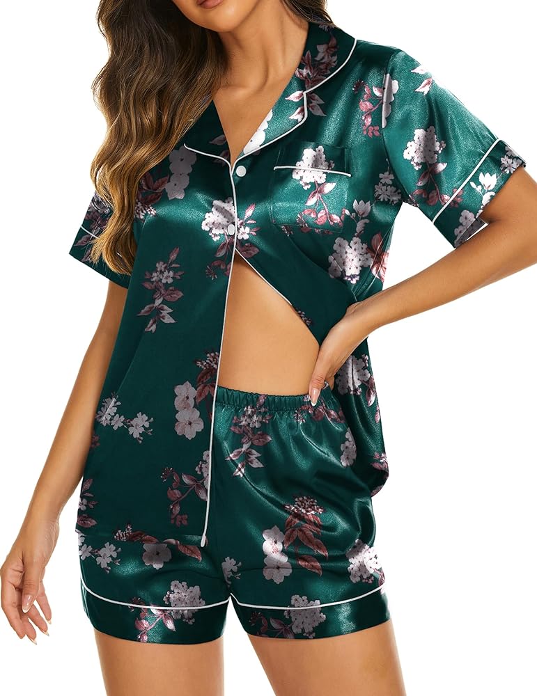 Ekouaer Womens Satin Silk Pajamas Set Short Sleeve Button Down Top and Shorts Sleepwear 2 Piece Pjs Set S-XXL