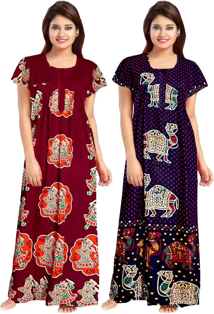 Women's Jaipuri Printed 100% Soft Cotton Indian full length Nightgowns/Nighty/Sleepwears Free Size Night Dress Pack of 2