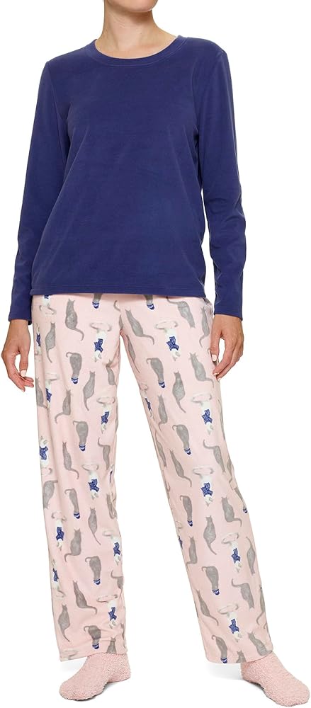 HUE Women’s Super Soft Fleece Winter 3 Piece Pajama Gift Set Includes Solid Fleece PJ Top, Printed Fleece PJ Pant, Cozy Socks