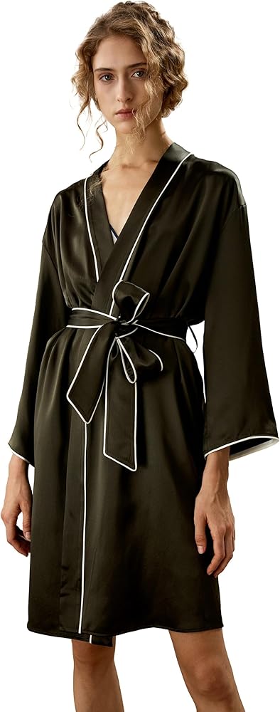 LilySilk Womens Pure Silk Robe Ladies 22MM Long Sleeves Contrast Piping Nightwear with belt Sleepwear Loungewear Home