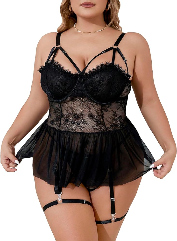 COZYEASE Women's Plus Size Teddy Lingerie Set Babydoll Sheer Lace Nightgown Mesh Chemise Sleepwear