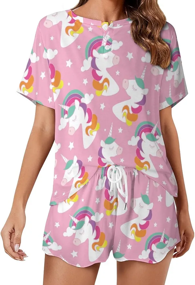 Colored Unicorn Women's Pajama Set Short Sleeve Shirt and Shorts Sleepwear Lounge Set