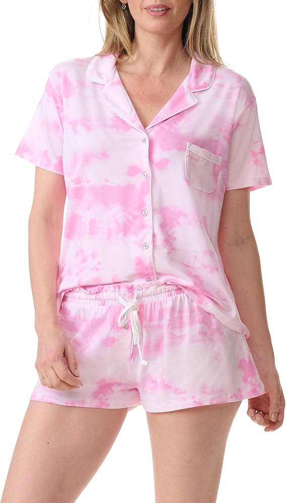 Splendid womens 2pc Short Sleeve Notch Collar Pj Set | Washed Tie Dye Pink