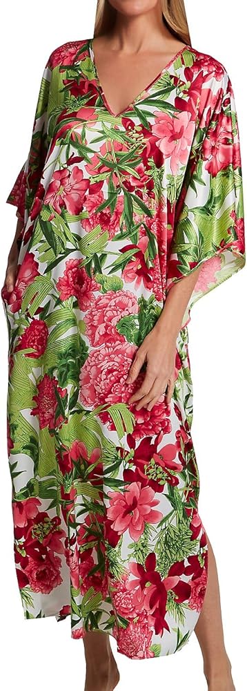 N by Natori Women's TC0047 Enchanted Peony Satin Butterfly Caftan