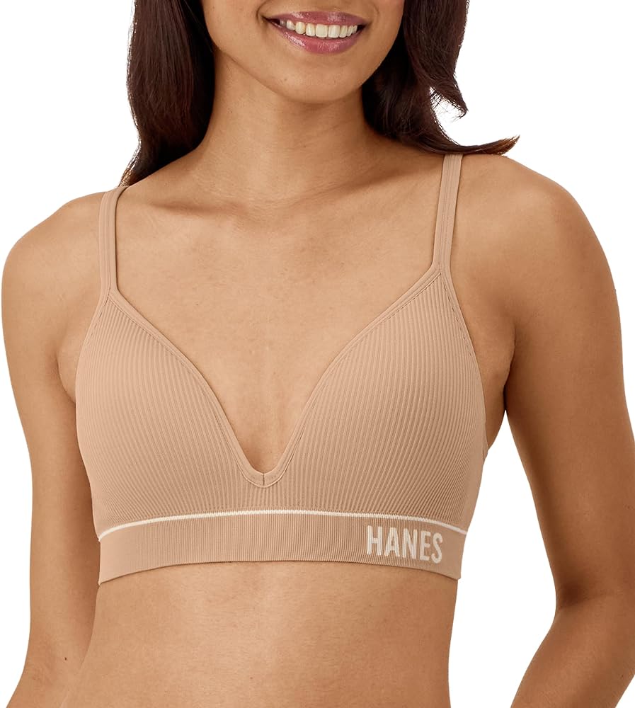 Hanes Womens Originals Contour Rib Wireless Bralette, Seamless Rib Bralette, Comfortflex Fit