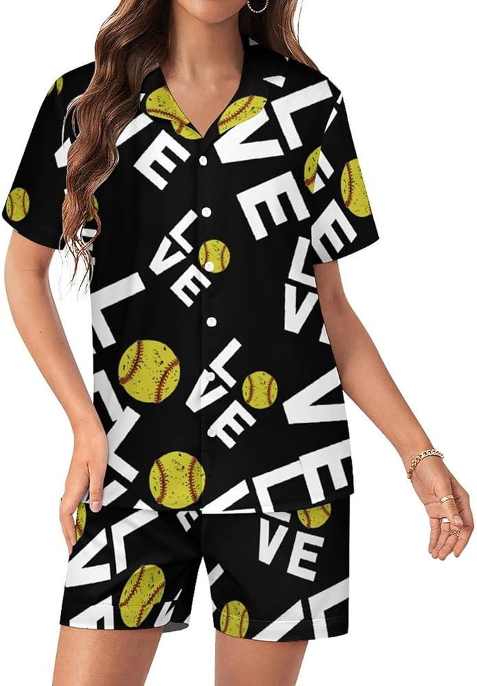 I Love Softball Women's Silk Pajama Set Short Sleeve Sleepwear Loungewear Pj Set