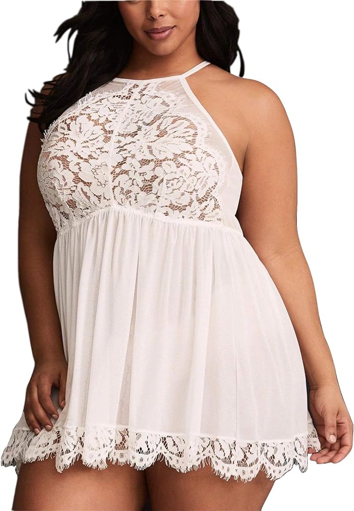 FlatterMe Plus Size Lingerie Babydoll Lace Floral Halter Sleepwear Set High Neck Chemise