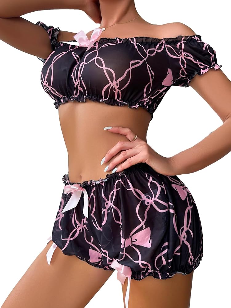 Verdusa Women's Bow Frilled Strapless Top and Shorts Sleepwear Lingerie Pajama Sets