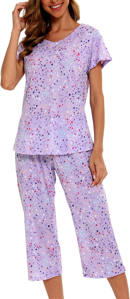 ENJOYNIGHT Women's Pajama Sets Cotton Sleepwear Tops with Capri Pants Cute Pjs