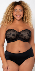 Woman wearing Curvy Couture Strapless Sensation bra in Black