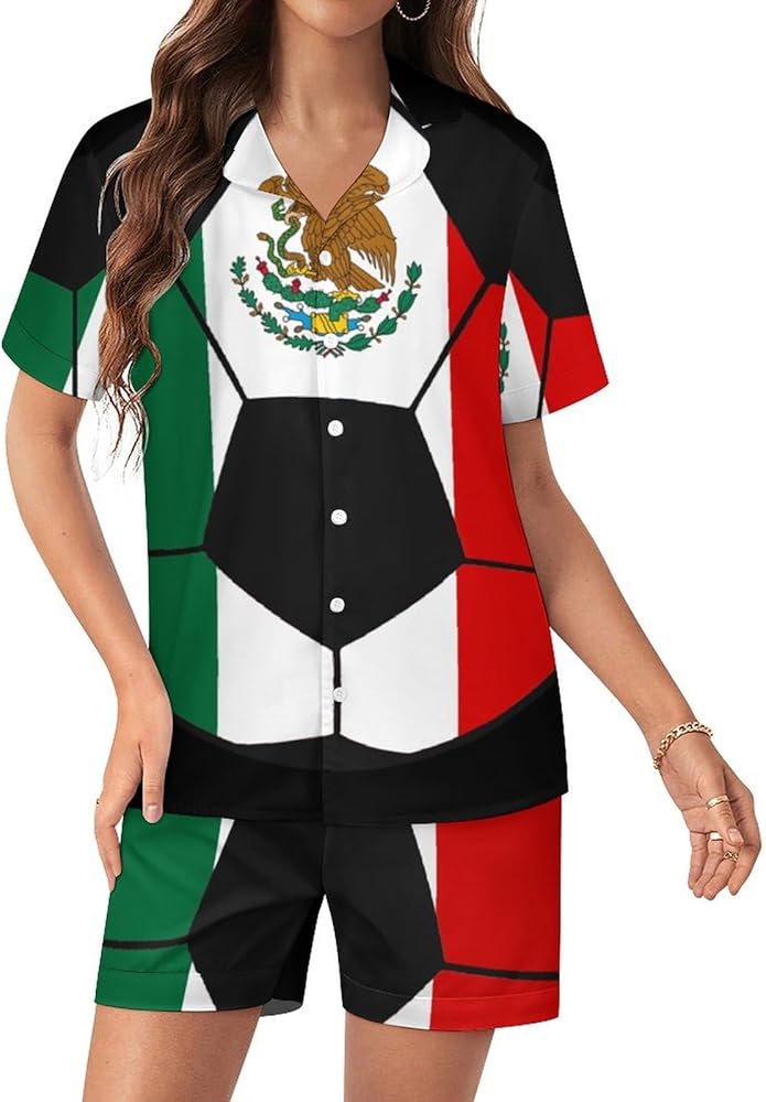 Mexico Football Soccer Womens Silk Satin Pajamas Set Short Sleeve Button-Down Sleepwear Loungewear Pj Set