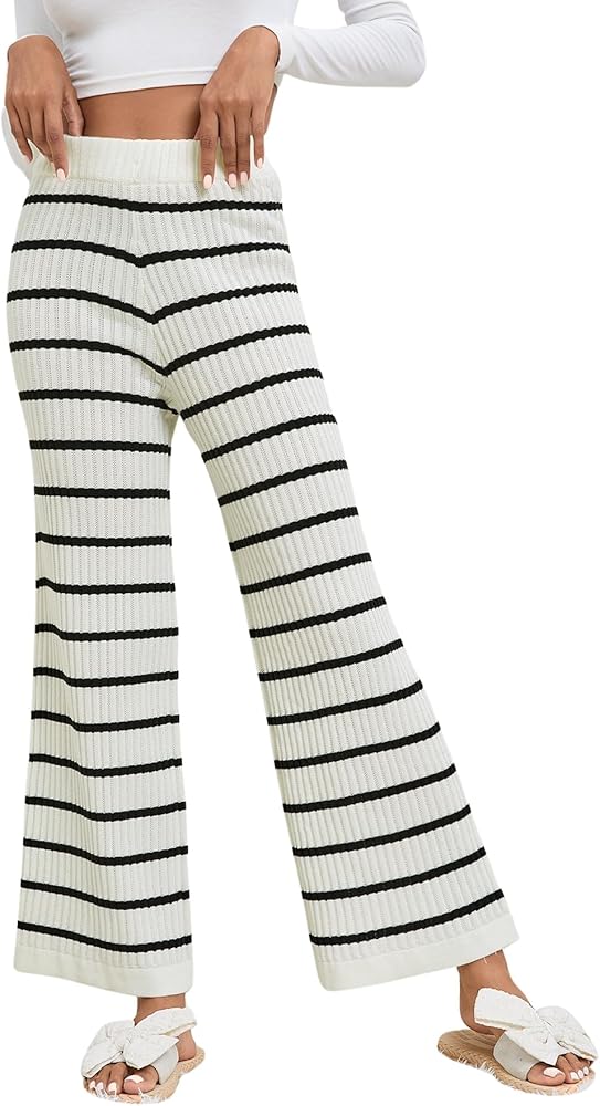 Verdusa Women's Elastic High Waist Stripe Print Knitted Lounge Sweater Pants