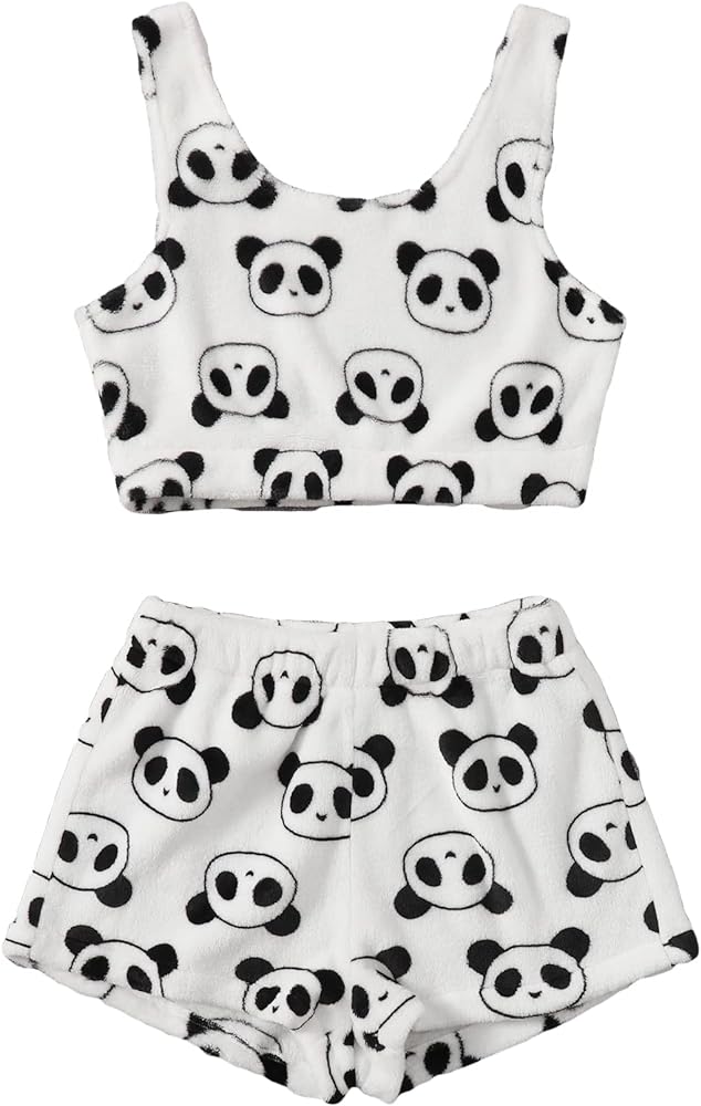 GORGLITTER Women's Two Piece Pajama Set Cartoon Panda Print Sleeveless Crop Tank Top and Shorts Sleepwear