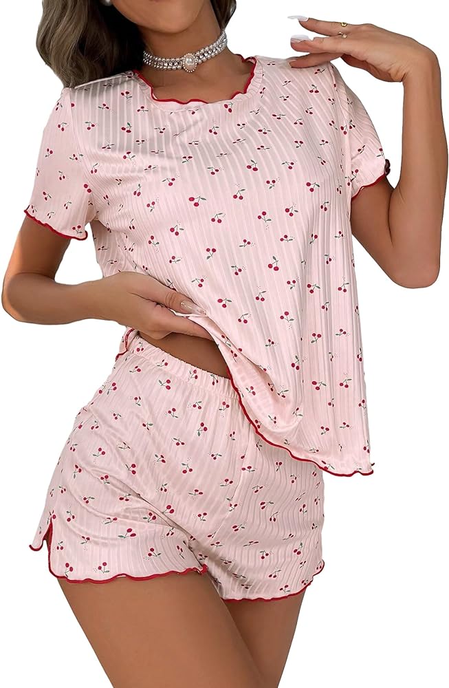 SOLY HUX Pajama Set for Women Cute Print Short Sleeve Tee and Shorts Lounge Sleepwear Light Pink Cherry M