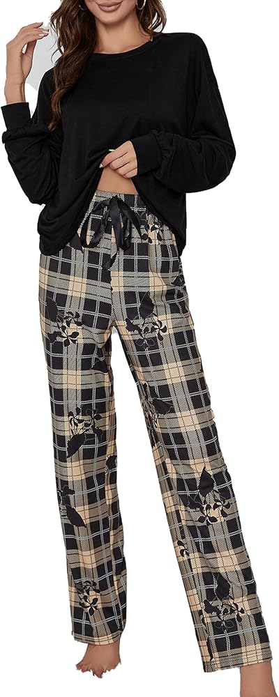 Women's Round Neck 2 Piece Pajama Set Long Sleeve Shirt And Plaid Printed Pants Sleepwear Pjs Sets