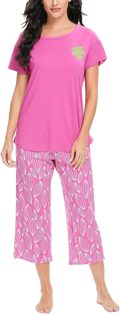 Tugege Womens Pajama Sets Short Sleeve Sleepwear Tops with Capri Pants Fun Printed 2 Piece Lounge Pjs Set