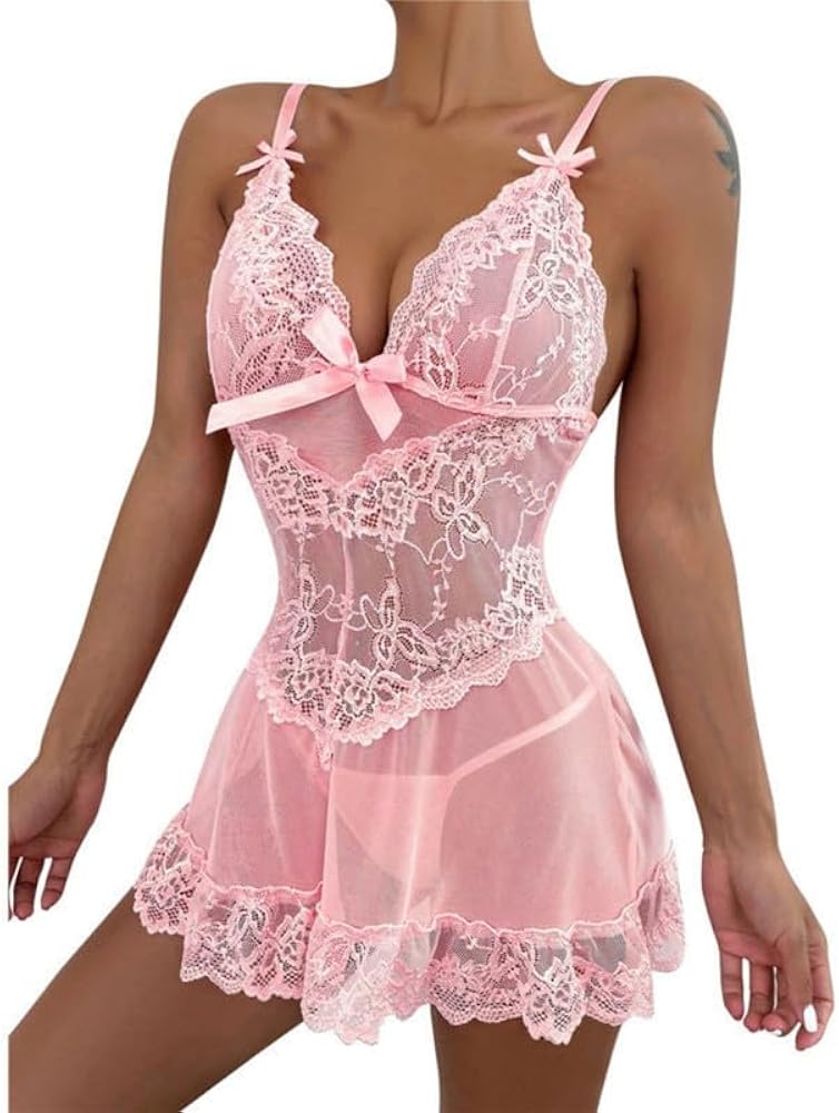 Women's Lingerie Bralette Chemise Nightie Teddy Lingerie Corset Sexy Babydoll Vintage Cut Out Sleepwear Pink