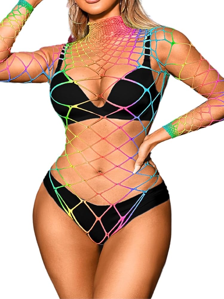 Kaei&Shi Sexy Rainbow Bodysuit Tops,Fishnet Rave Outfits,Plus Size Long Sleeve Sheer See Poster Through Rhinestone Sparkly