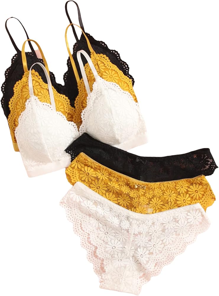 MakeMeChic Women's 3 Pack Floral Lace Scallop Trim Lingerie Set Wireless Bra and Panty Set