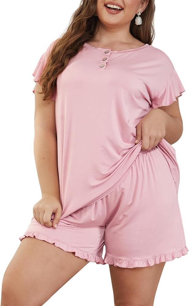 Celkuser Womens Plus Size Cute Short Pajama Set Ruffle Sleeve Button Sleepwear Soft PJs CEL1002