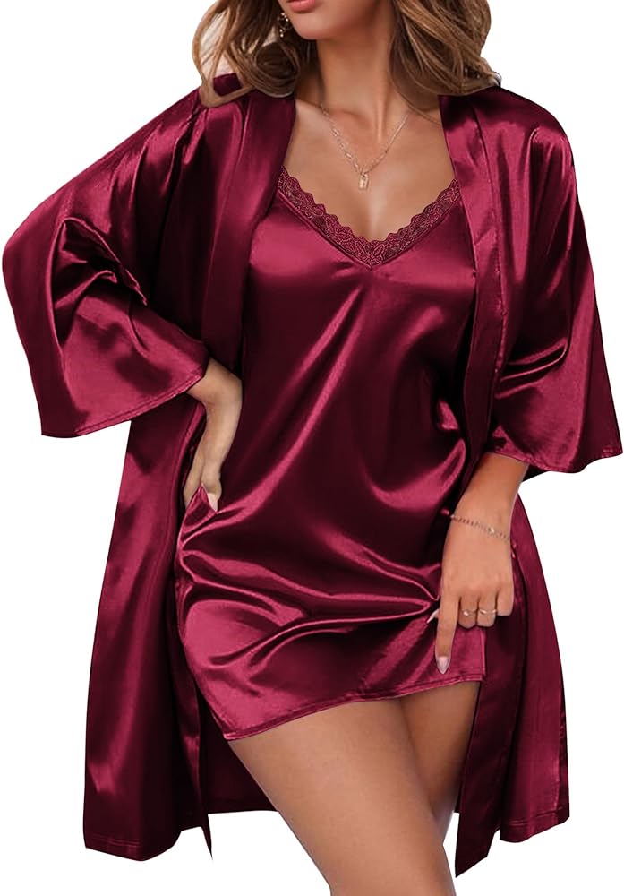 Ekouaer Women's Satin Robe Set Lace Sexy Lingerie Robe Wedding Nightgown 2pcs Cami Bride Party Silk Pajamas Set