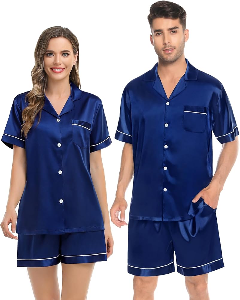 SWOMOG Couples Matching Pajamas Set Silk Satin Sleepwear Short Sleeve Button Down Pj Set 2 Pcs Loungewear