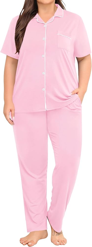 SWOMOG Women's Plus Size Pajama Set 2 PCS Short Sleeve Sleepwear Top and Pants Button Up Pajamas for Women Loungewear