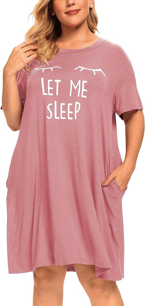 Plus Size Let Me Sleep Nightgowns Women Cute Sleepwear Night Gown Dresses Sleep Shirts Pockets