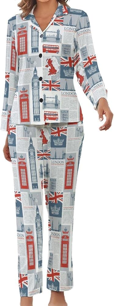 Theme of Uk And London British Flag Womens Pajama Sets Long Sleeve Loungewear Sleepwear Button-Down Pj Set Lounge Sets