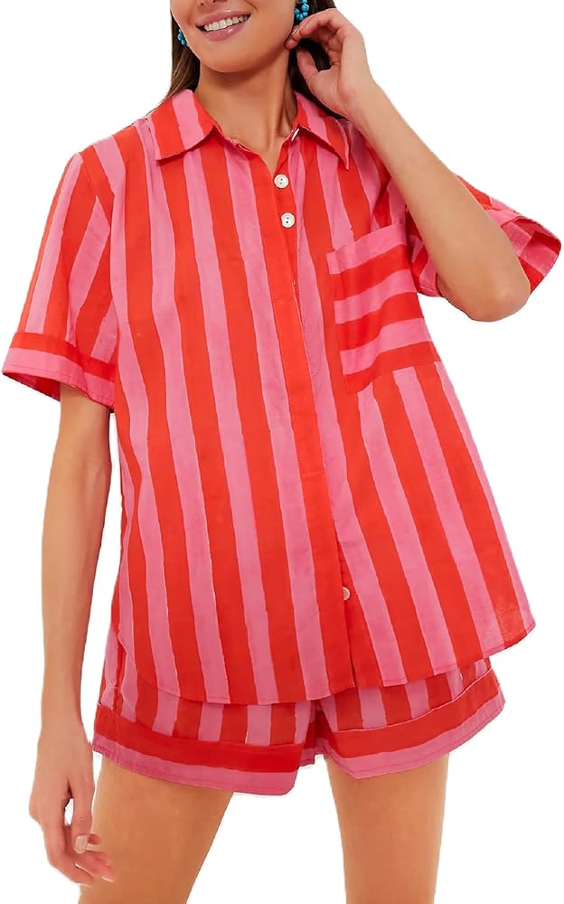 Women Striped 2 Piece Pajama Set Short Sleeve Button Down Blouse Gingham Wide Leg Lounge Shorts Outfit Sleepwear