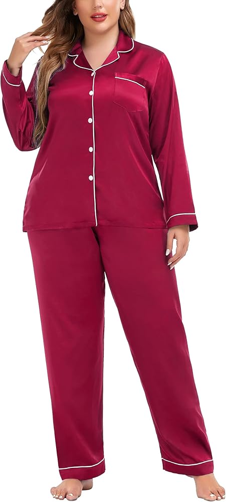 SWOMOG Plus Size Pajama Set for Women Silk Satin Pajamas Long Sleeve Sleepwear Button Down PJs Soft Pj Set with Chest Pocket